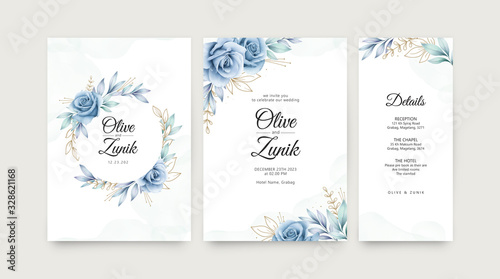 Elegant wedding invitation set with roses blue watercolor and leaves golden