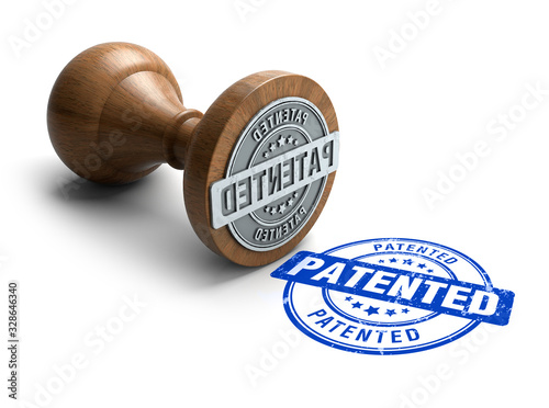 Patented stamp. Wooden round stamper and stamp with text Patented on white background. 3d illustration. rubber stamp.