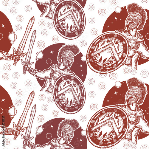 Spartan warrior holding sword and shield. Seamless pattern. Packing old paper, scrapbooking style. Vintage background. Medieval manuscript, engraving art. Legionary of ancient Rome