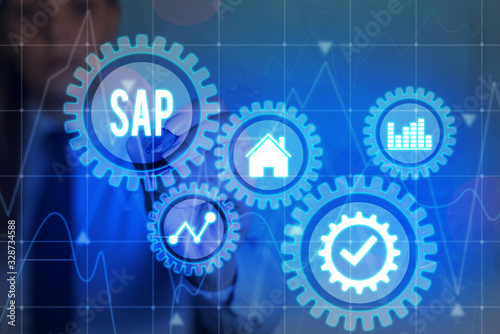 Word writing text SAP. Business photo showcasing SAP Business process automation software. ERP enterprise resources planning system concept on virtual screen. AI. Artificial intelligence.