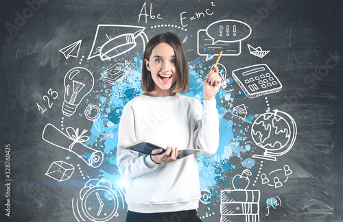 Happy teen girl with notebook, education sketch