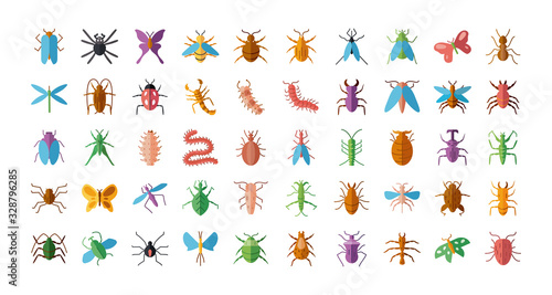 bugs and insect icon set, flat style