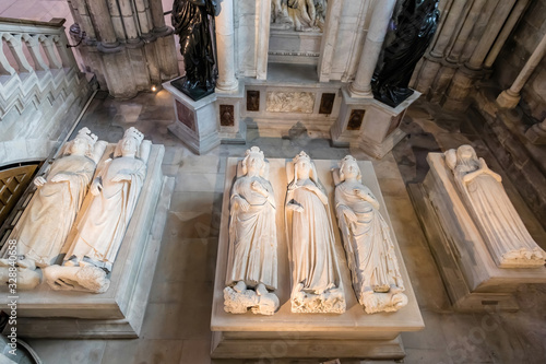 From left to right - marble recumbent sculptures of Jean II le Bon, Philip VI, Philip V, Jeanne d'Evreux, Charles VI, and Blanche in Basilica Saint-Denis, Paris