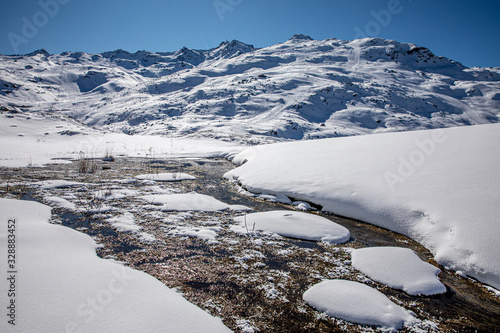 Val Thorens, France - February 18, 2020: Landscape of Alps mountains in winter close to Lac du Lou, Val Thorens, France