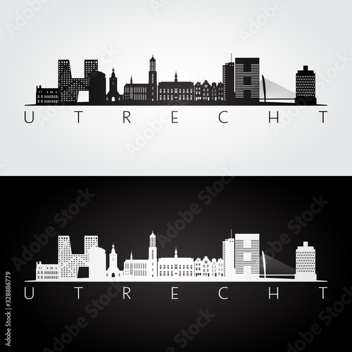 Utrecht skyline and landmarks silhouette, black and white design, vector illustration.