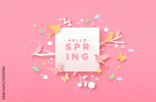 Hello spring papercut nature icon and paper frame