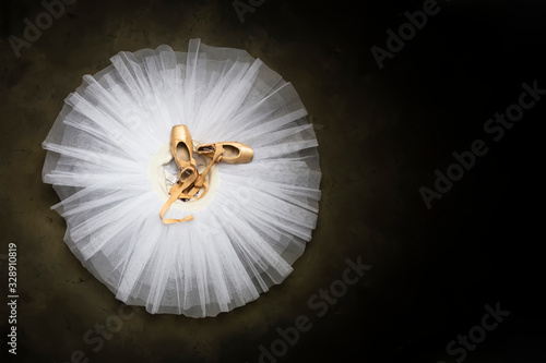 Ballet shoes with ribbons on a white tutu in a dance studio