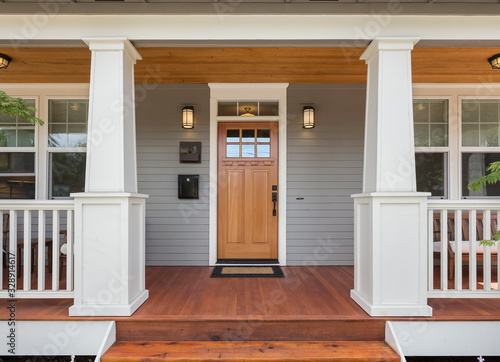 Covered porch and front door of beautiful new home