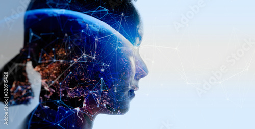 Double exposure of business woman with The World of Futuristic internet communication concept.Elements of this image furnished by NASA.