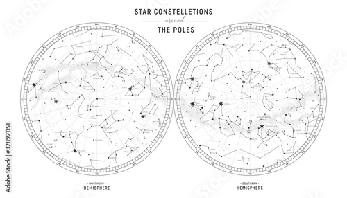 Star constellations around the poles. Nothern and Southern high detailed star map with symbols and signs of zodiac. Black astrological celestial map