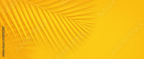 Colorful summer background with copy space. Bright yellow 3d illustration of tropical palm branch.