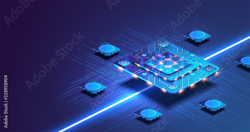 Futuristic microchip processor with lights on the blue background. Quantum computer, large data processing, database concept. Artificial intelligence and robotics quantum computing processor concept.