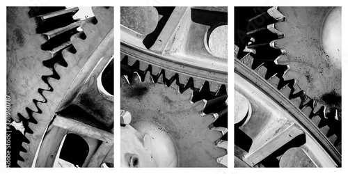 Triptych showing interlocking cog wheels