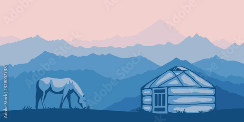 Fantasy on the theme of life in Central Asia. Nomads life, a horse grazes, yurt. Panoramic view, morning haze, vector illustration. 