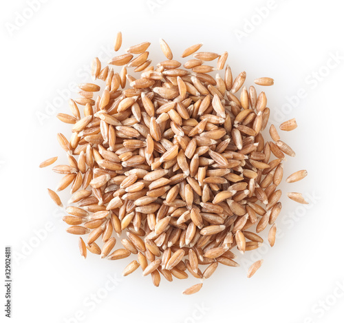 Heap of uncooked spelt grains isolated on white background