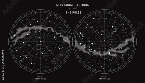 Star constellations around the poles. Nothern and Southern high detailed star map with symbols and signs of zodiac. Astrological celestial map