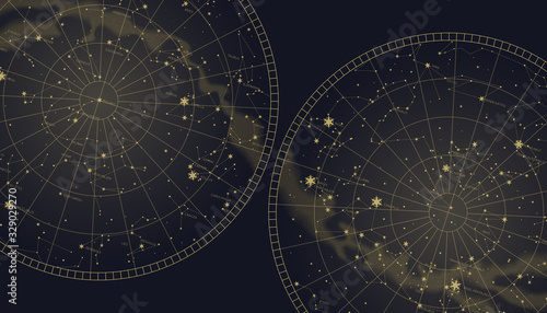 Poster witn star constellations southern and northern map. Gold signs and symbols of zodiac. Astrological celestial maps