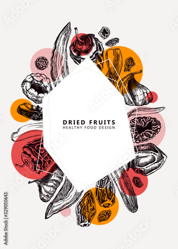 Dried fruits and berries trendy design. Vintage dehydrated fruits template. Healthy food dessert - dried mango, melon, fig, apricot, banana, persimmon, dates, prune, raisin. Modern collage background