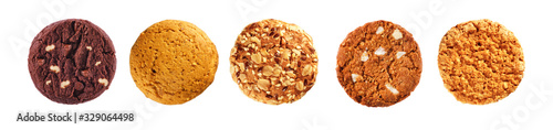 Set of cookies isolated on a white background, top view. Oatmeal, chocolate, with sesame seeds cookies