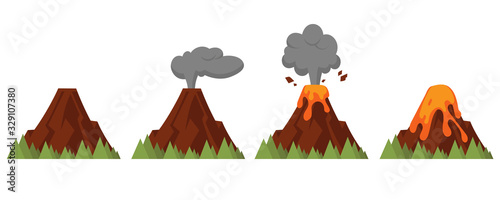 Vector set of volcanoes of varying degrees of eruption. Flat style illustration with isolated objects.