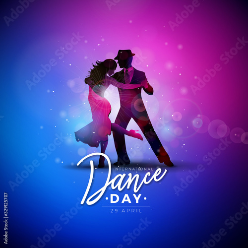 International Dance Day Vector Illustration with tango dancing couple on shiny colorful background. Design template for banner, flyer, invitation, brochure, poster or greeting card.