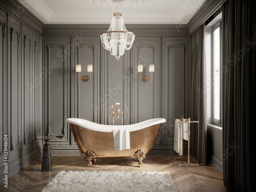 3d Classic luxury chic grey bathroom with moldings on the wall, a brass vintage barhtub and a chandelier