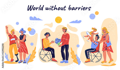 People with disability supporting and social connection banner or poster with invalid handicapped persons living usual life, creating relations and family. flat cartoon vector illustration isolated.