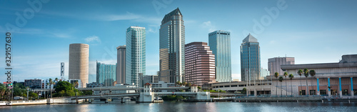 Downtown city panoramic skyline view of Tampa Florida USA looking over the Hillsborough Bay and the Riverwalk