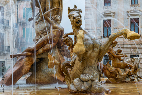 Detailed view of the sculpture of horse, as part of the fountain Diana in the center of the square Archimede in Ortigia island in province of Syracuse in Sicily