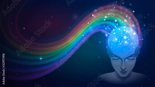 Human head in space and rainbow, concept of imagination and dream
