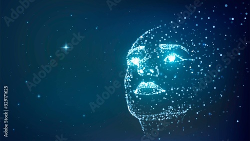 Faces of glowing blue particles, human soul in starry sky