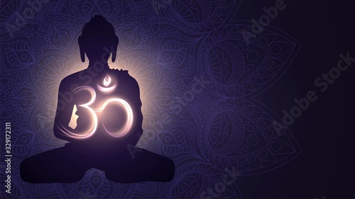 Buddha silhouette and glowing sign Om, Hinduism, Buddhism