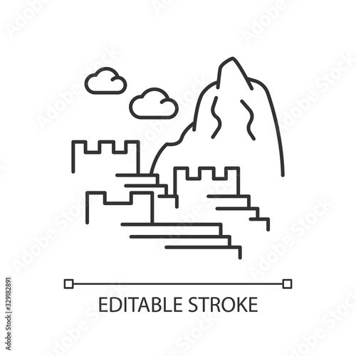 Machu picchu pixel perfect linear icon. Inca citadel in Eastern Cordillera. Thin line customizable illustration. Contour symbol. Vector isolated outline drawing. Editable stroke