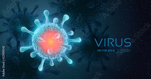 Virus pandemic concept. Abstract vector illustration. Coronavirus or Covid-19 outbreak and influenza in 2020. 3d microbe on blue background. Computer virus, bacteria, medical, microbiology disease.