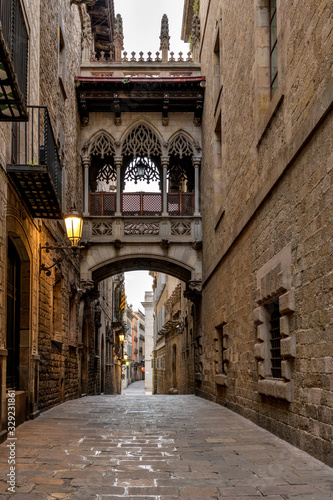 Pont del Bisbe at Dawn - A vertical morning view of a neo-Gothic style stone bridge, "Pont del Bisbe" - Bishop's Bridge, over a narrow stone-paved old alleyway in Gothic Quarter of Barcelona, Spain.