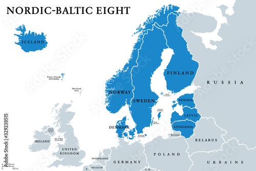 Nordic-Baltic Eight (NB8) member states political map. Regional co-operation format of Denmark, Estonia, Finland, Iceland, Latvia, Lithuania, Norway and Sweden. English labeling. Illustration. Vector.