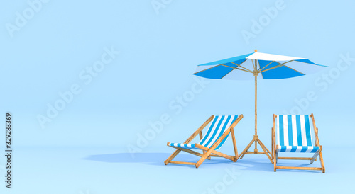 Beach umbrella with chairs on pastel colors background. Minimalism concept. 3d rendering