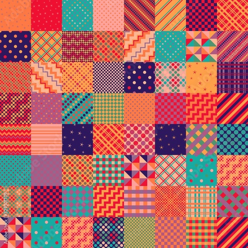 Bright colorful patchwork pattern from square patches. Multicolor print for fabric and textile. Quilt design.