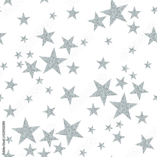 Silver stars on white background. Seamless pattern with glitter stars.