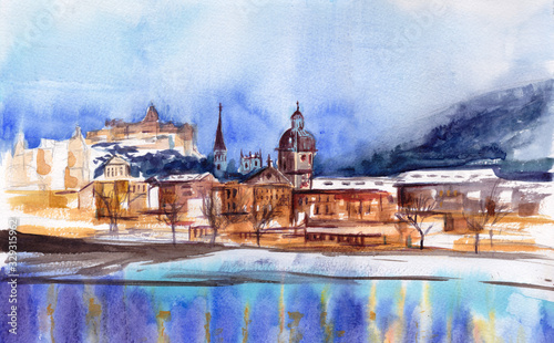 Scenic panorama of the Old Town (Gamla Stan) in Stockholm, Sweden. Hand-drawn illustration. Watercolor art.