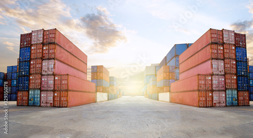 Transportation Logistics of international container cargo shipping and cargo plane in container yard, Freight transportation, International global shipping.