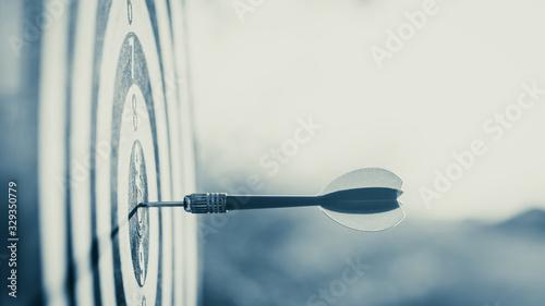 Close up red dart arrow hitting target center dartboard on sunset background. Business targeting and focus concept.