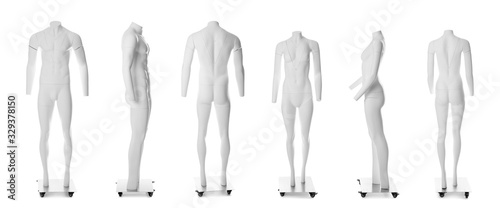 Set of ghost headless mannequins with removable pieces on white background