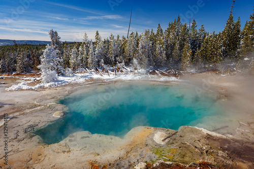 Emerald Spring at Norris Geyser Basin trail area, during winter in Yellowstone National Park, Wyoming, USA