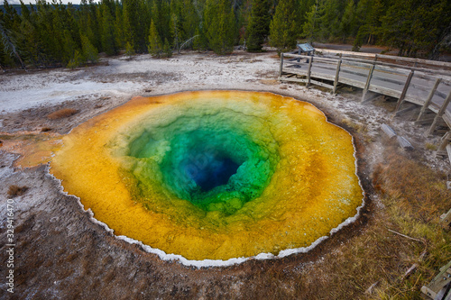 Morning Glory Pool with beautiful blue-green-yeellow colors in Yellowstone National Park, Wyoming, USA