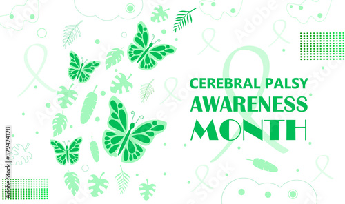 Cerebral Palsy Awareness Month in March. Green leaves are falling, butterflies