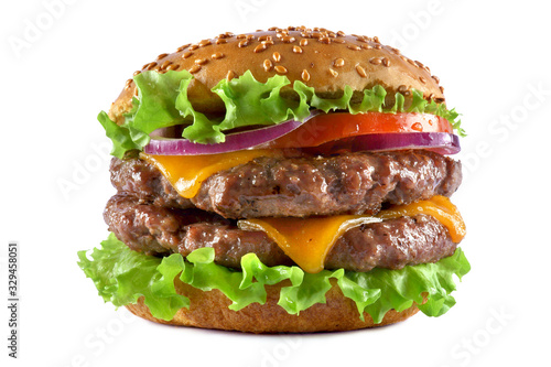 double cheeseburger on a white background