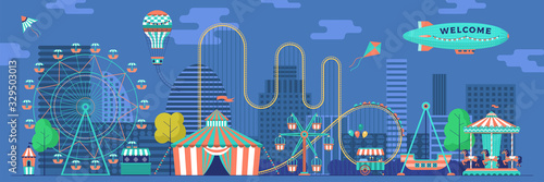 Amusement park panorama with various attractions. City area for recreation and entertainment. Vector flat illustration.