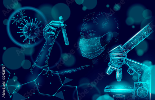 Woman doctor scientists hold test tube. Safety medical mask virus microscope vaccine. Developing pandemic coronavirus pneumonia treatment. Healthcare immunization research vector illustration