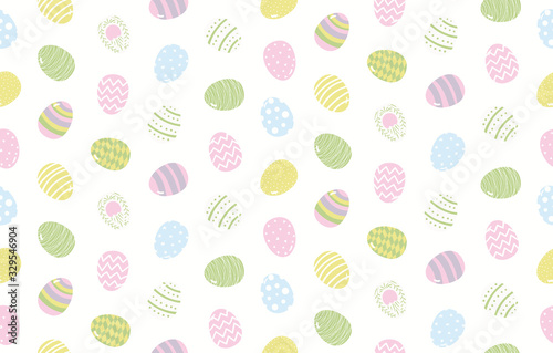 Hand drawn seamless vector pattern with cartoon painted eggs, on a white background. Scandinavian style flat design. Concept for Easter day kids textile print, wallpaper, wrapping paper, packaging.